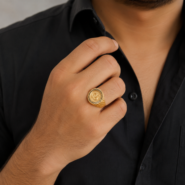 Royal Om Symbol Gents Ring with Heritage Engraved Border Design