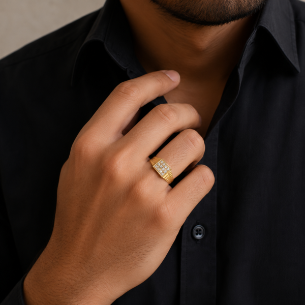 Elegant Square Stone Cluster Gents Ring with Textured Band Design