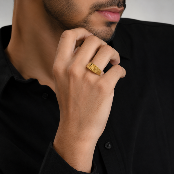 Radiant Sunburst Square Gents Ring – Classic Geometric Gold Finish