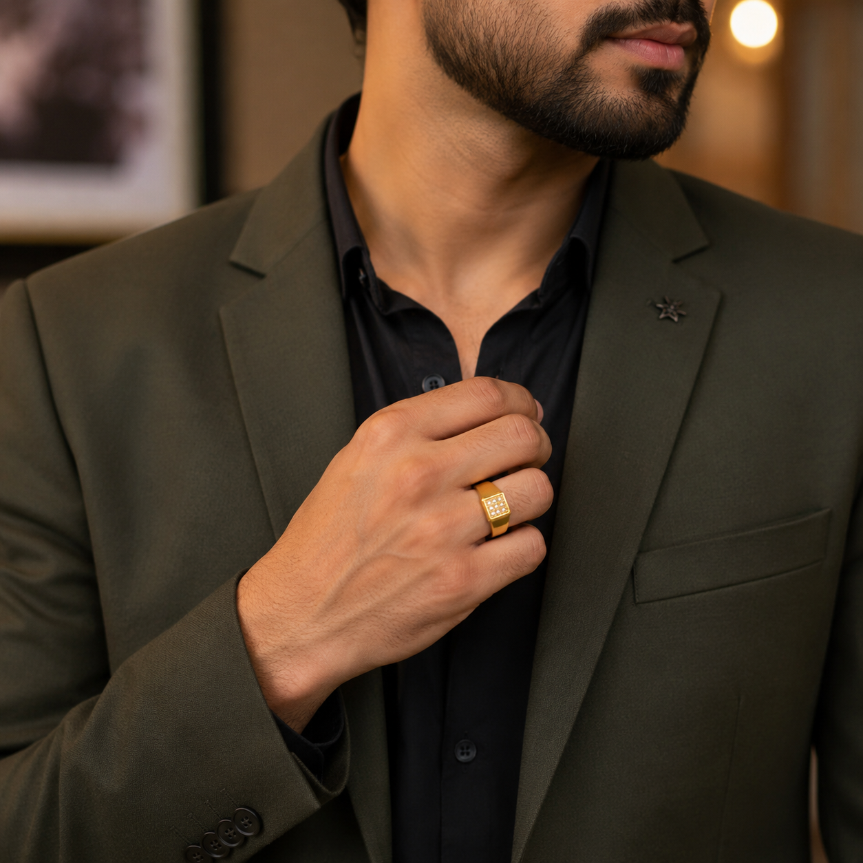 Square Stone Cluster Gents Ring – Elegant Textured Gold Finish