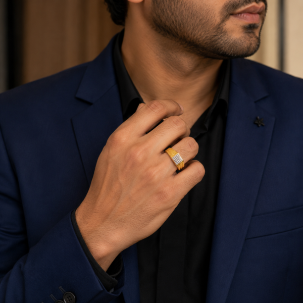 Square Cluster Stone Gold-Tone Gents Ring with Textured Band