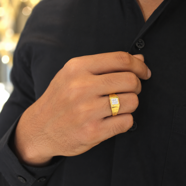 Classic Square Stone Gents Ring with Textured Gold-Tone Band