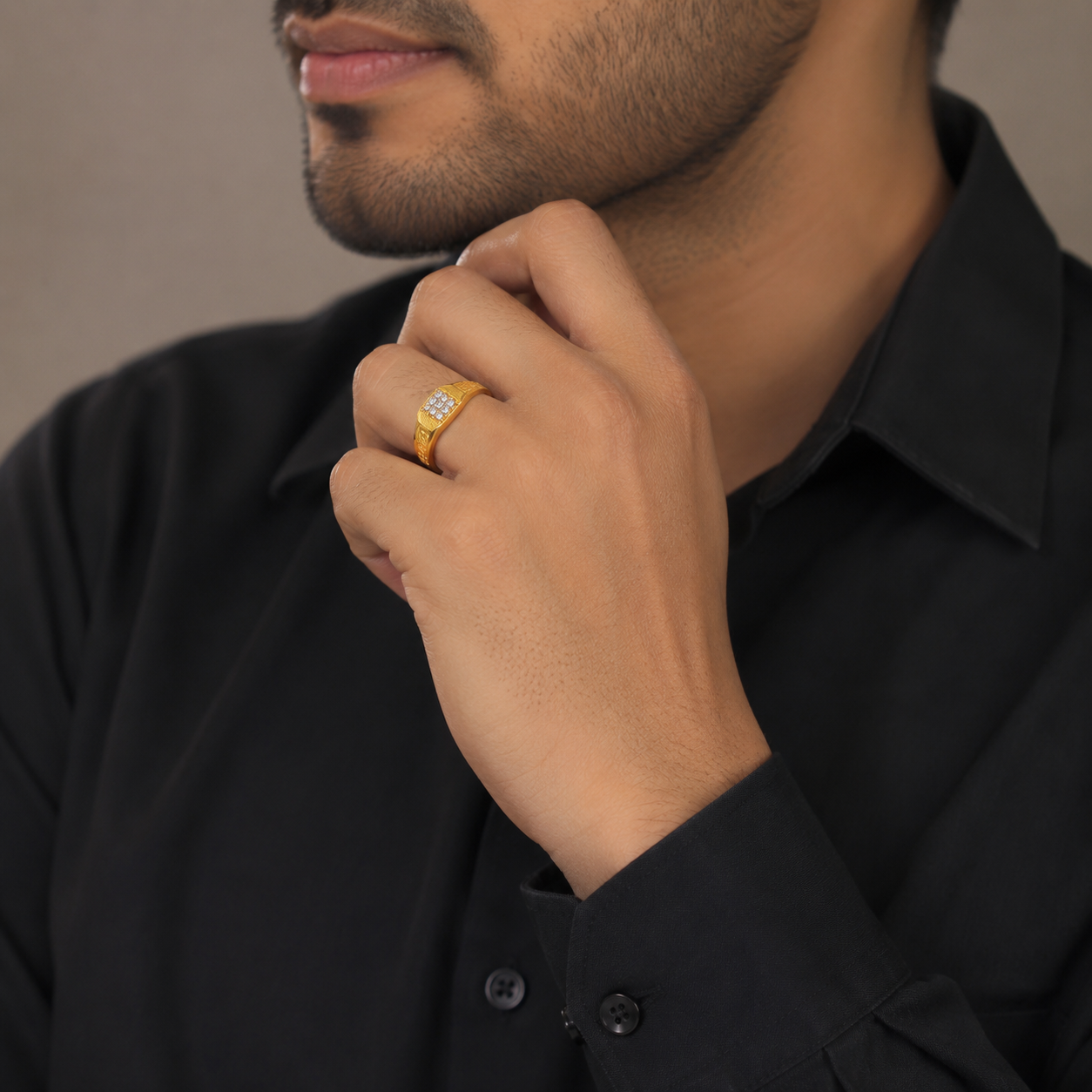 Elegant Square Cluster Stone Gents Ring with Textured Gold Finish