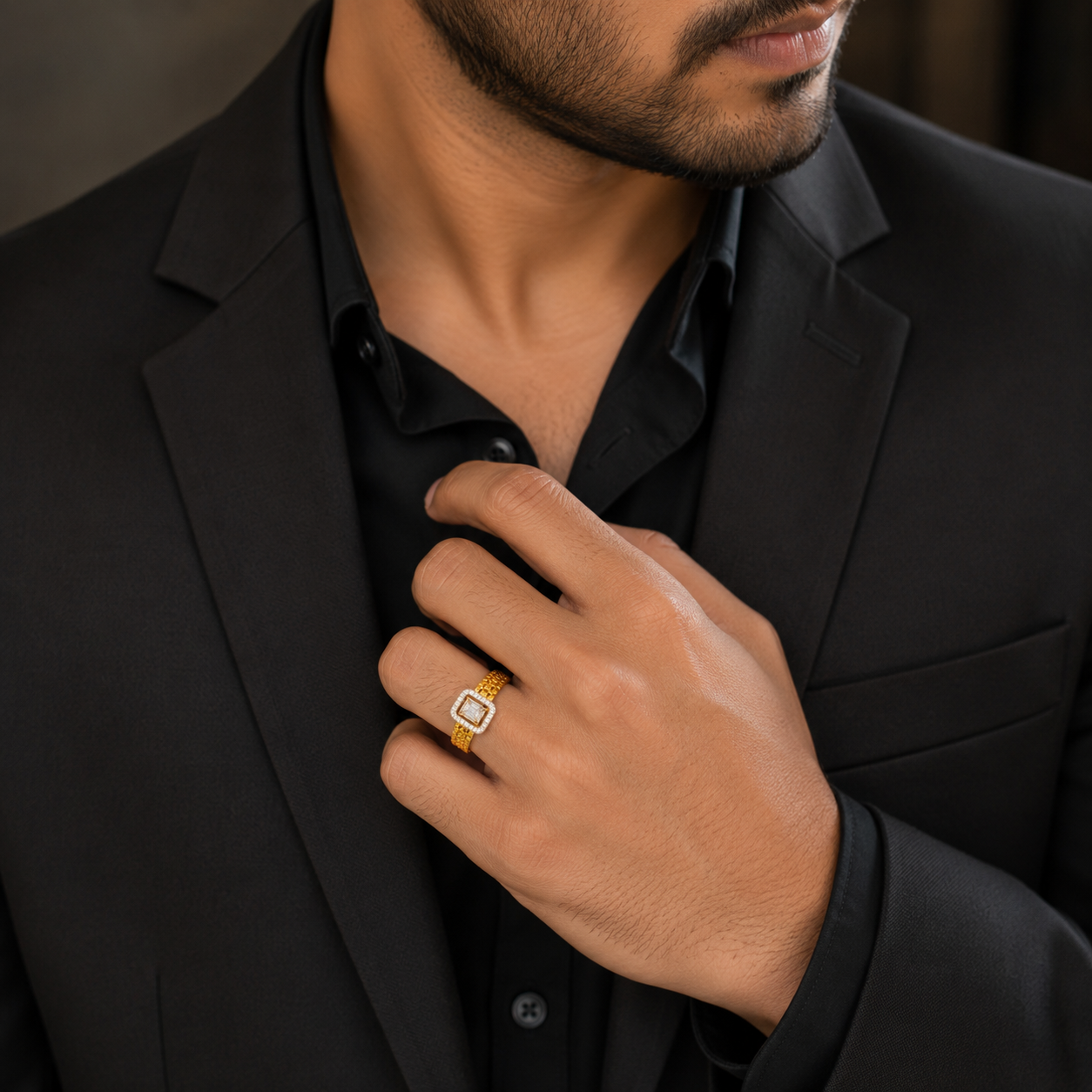 Royal Halo Square Stone Gold Gents Ring