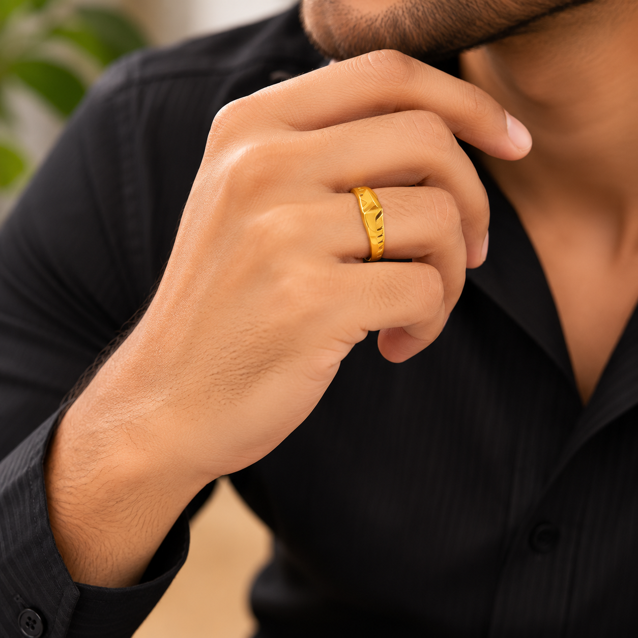 Classic Angled Groove Gold Gents Ring