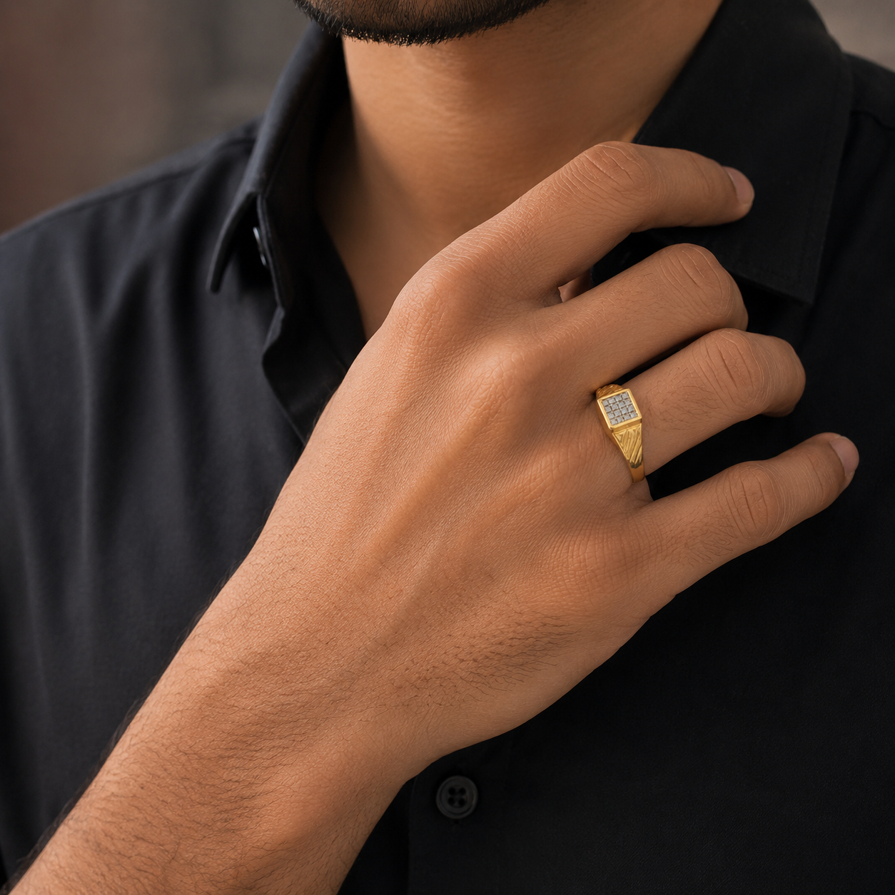 Square Pavé Stone Gents Ring with Cross Line Shoulder Design