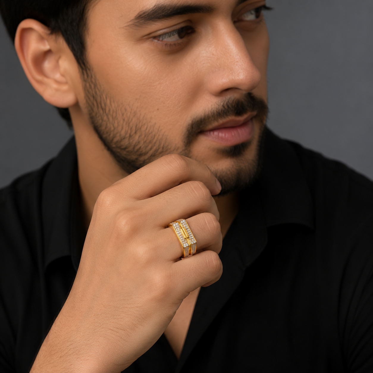 Luxury Dual-Tone Stone Studded Gents Ring with Modern Rectangular Design