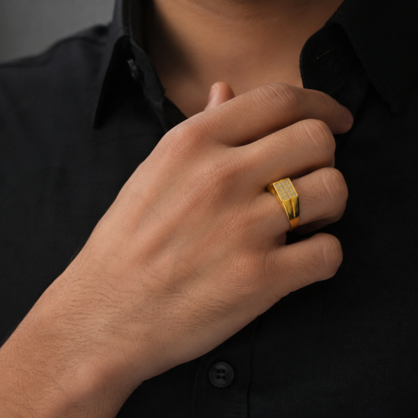 Square Stone Cluster Gents Ring with Textured Shoulder Design
