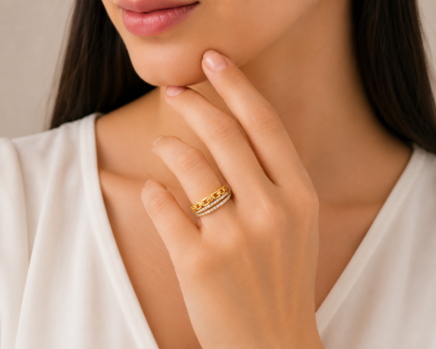 Radiant Dual-Band Stone Ladies Ring – Elegant Layered Sparkle Design