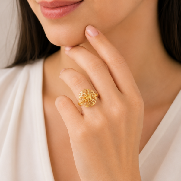 Royal Mandala Filigree Gold Ladies Ring – Artistic Circular Statement Design