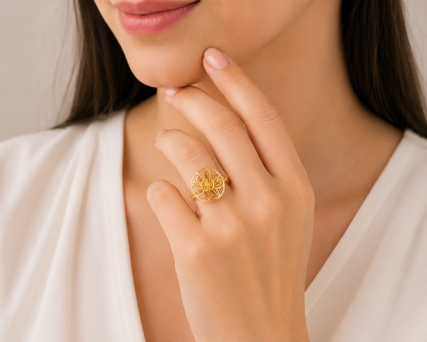 Royal Mandala Filigree Gold Ladies Ring – Artistic Circular Statement Design