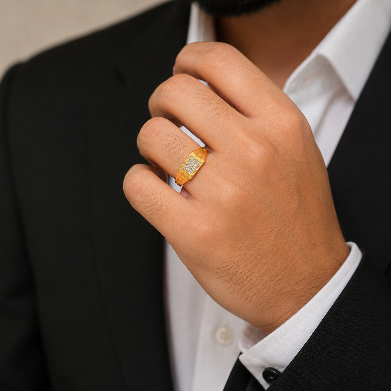 Classic Square Cluster Stone Gents Ring in Gold Tone