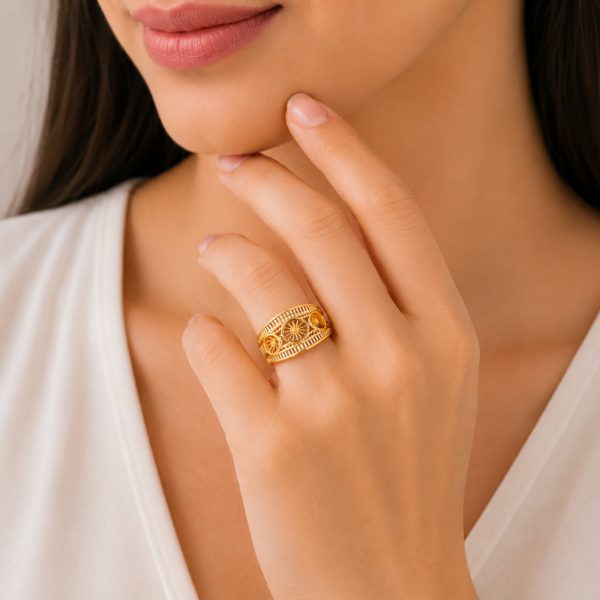 Vintage Floral Filigree Gold Ladies Ring – Elegant Openwork Statement Design