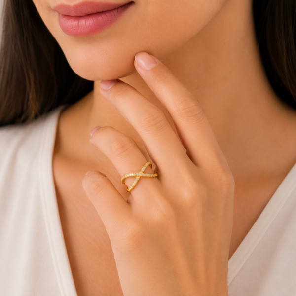 Infinity Sparkle Gold Ladies Ring – Elegant Criss Cross Stone Design