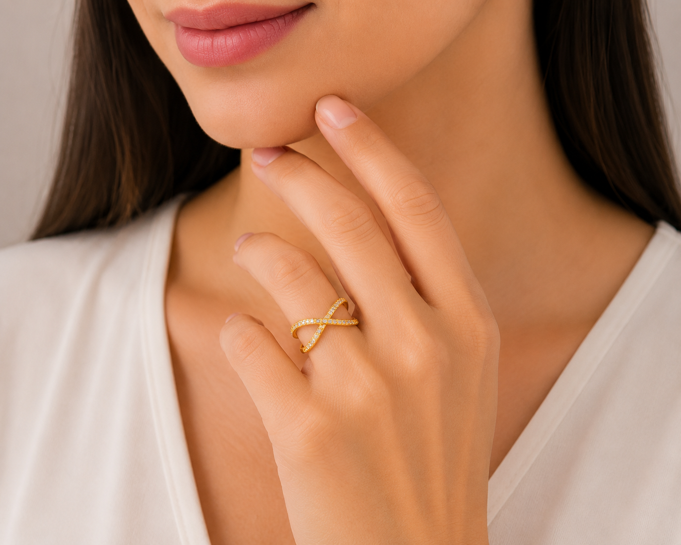 Infinity Sparkle Gold Ladies Ring – Elegant Criss Cross Stone Design