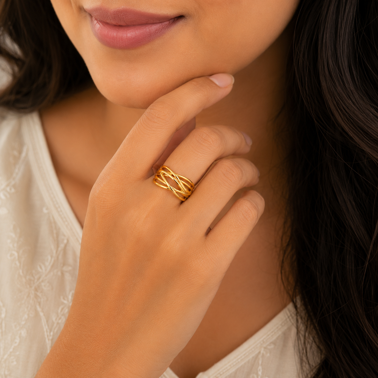 Elegant Criss Cross Layered Gold Ladies Ring – Modern Statement Design