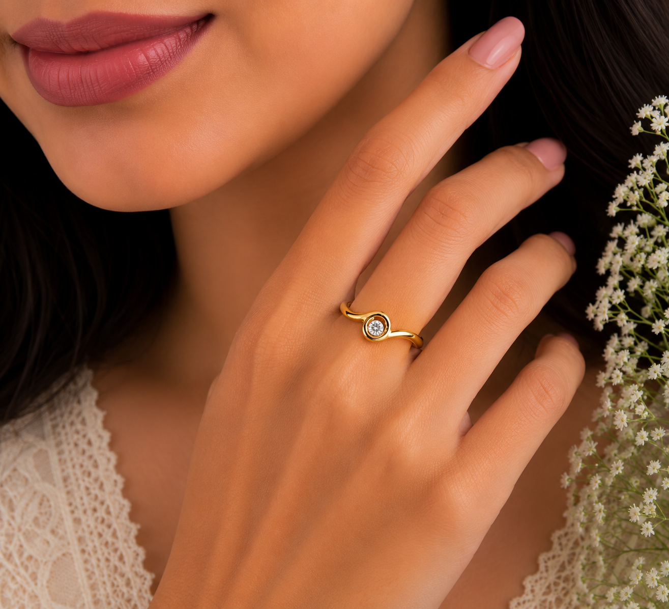 Elegant Solitaire Wave Designer Ladies Ring