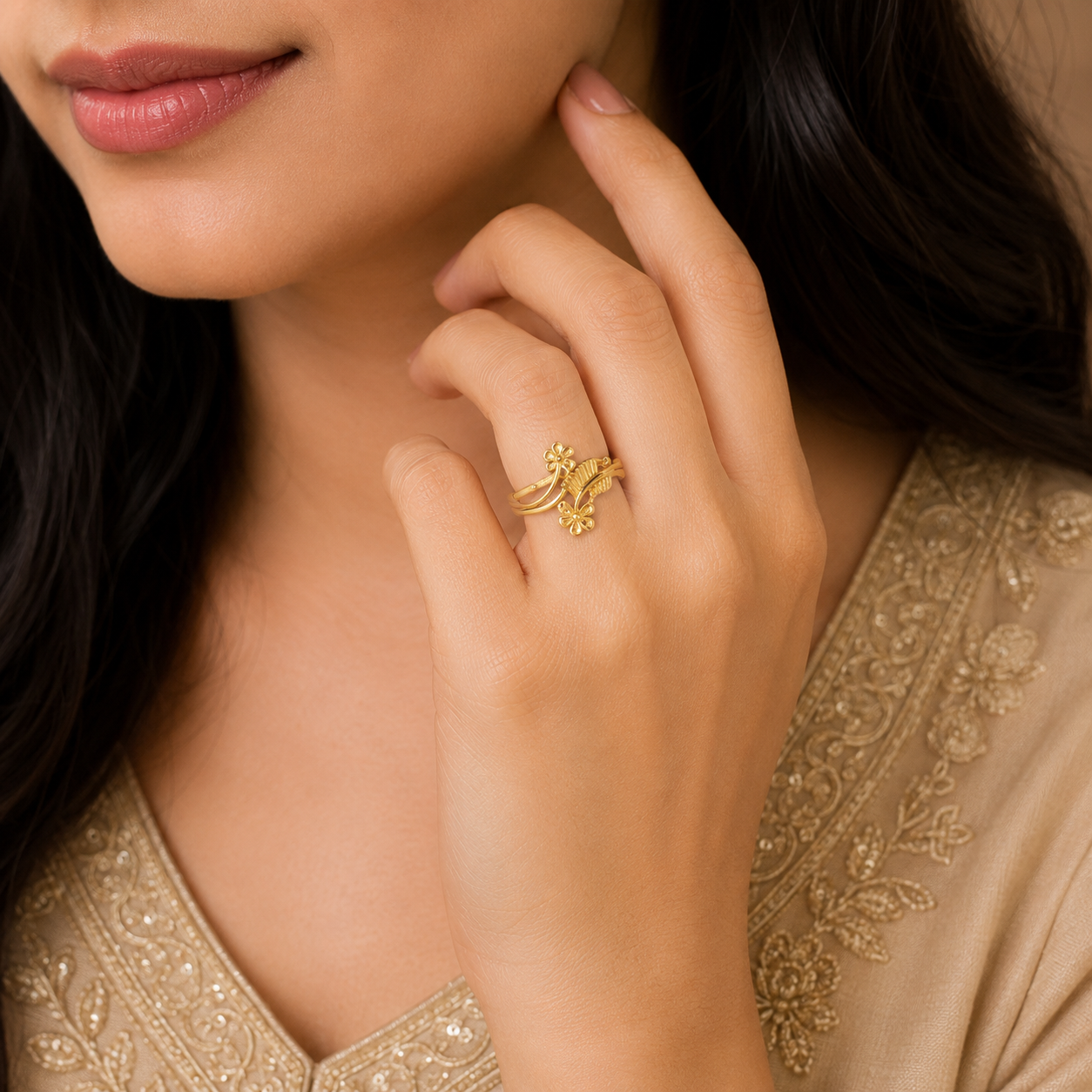 Elegant Floral Leaf Pattern Adjustable Gold Ring for Women