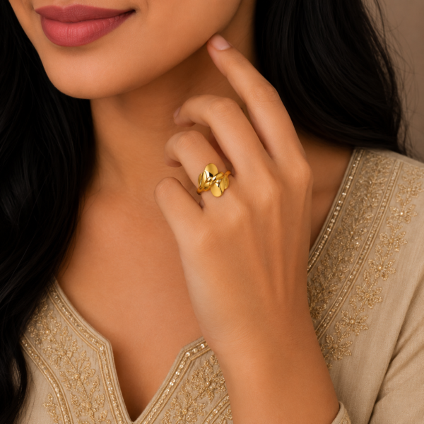 Elegant Abstract Dual Leaf Gold Ring with Contemporary Designer Finish