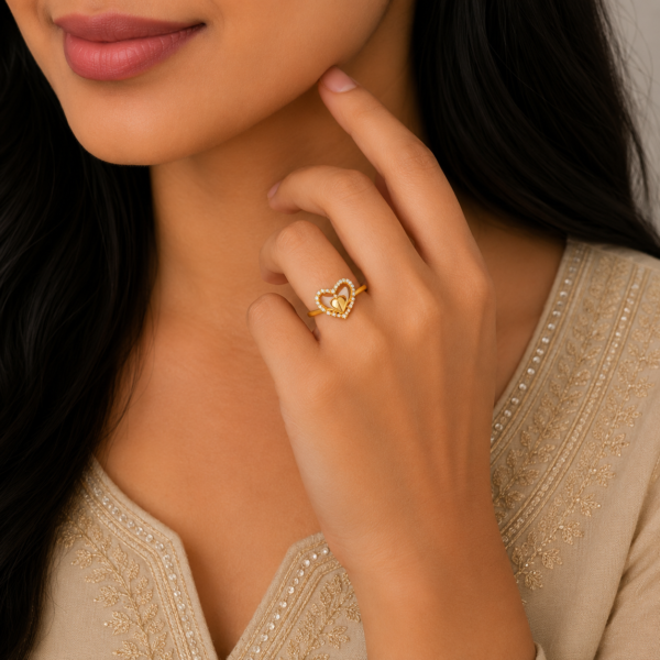 Elegant Double Heart Stone Gold Ring with Romantic Designer Pattern