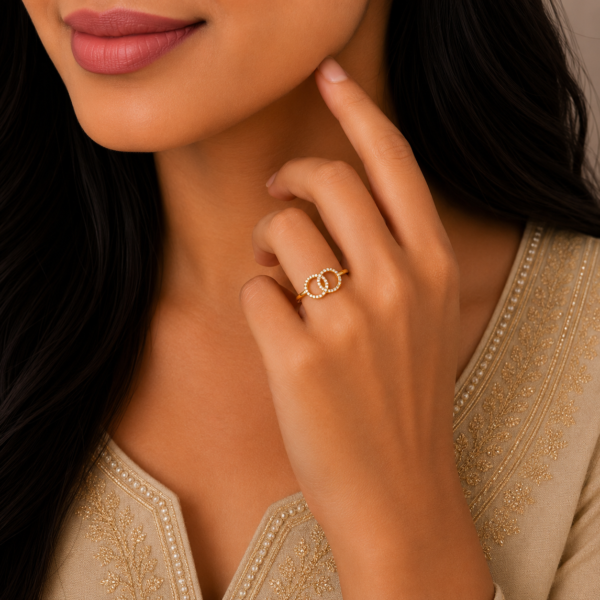 Elegant Interlocking Double Circle Stone Gold Ring with Designer Finish