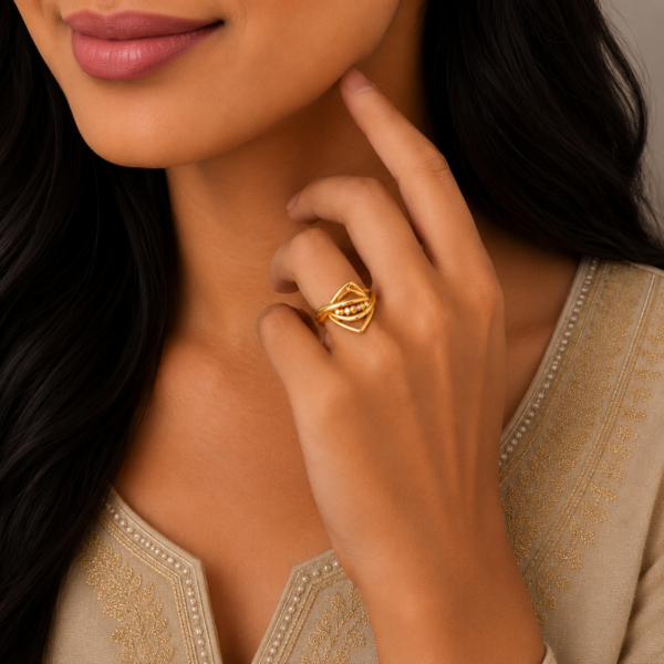 Elegant Layered V-Shaped Gold Ring with Contemporary Designer Pattern