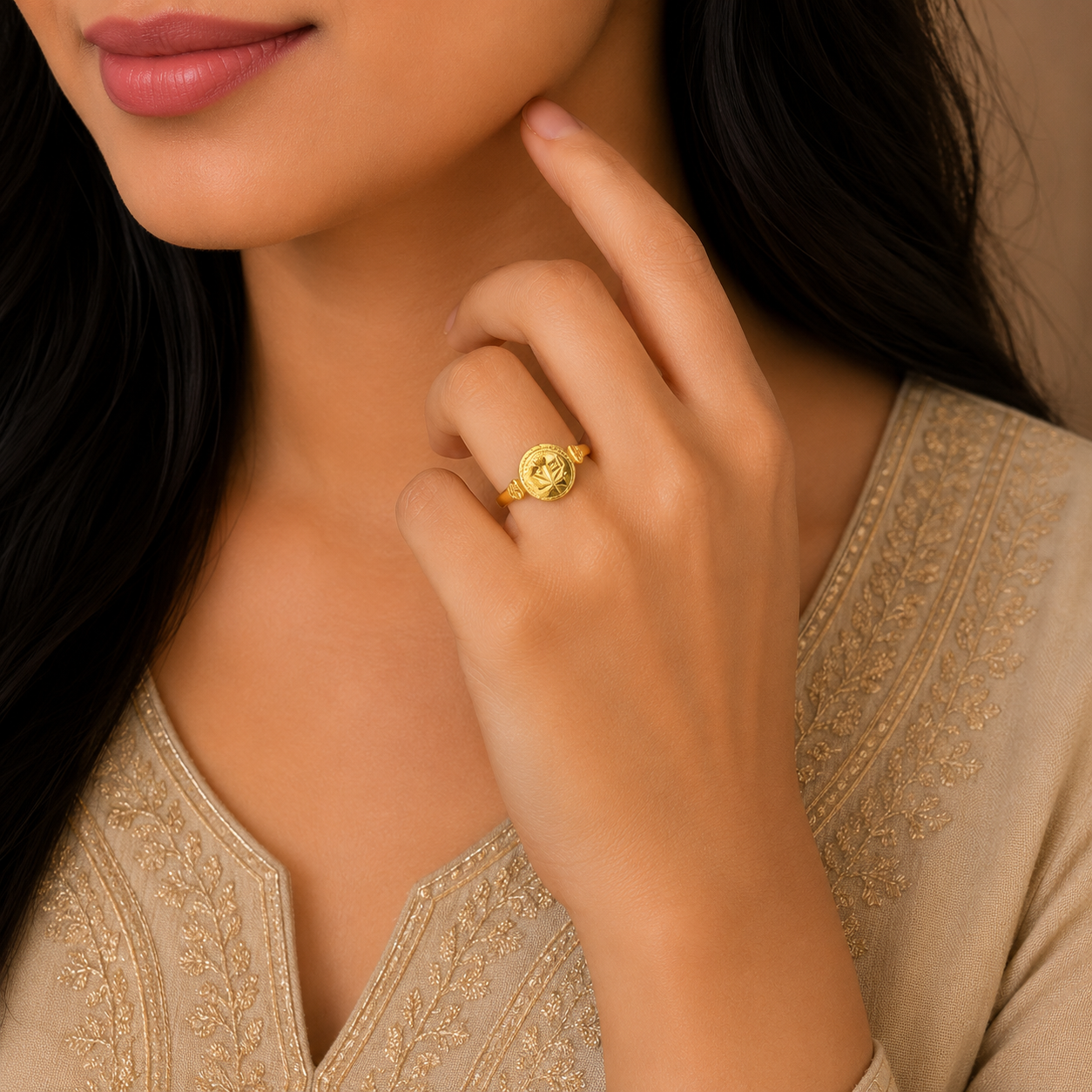 Elegant Floral Emblem Gold Ring with Classic Designer Finish