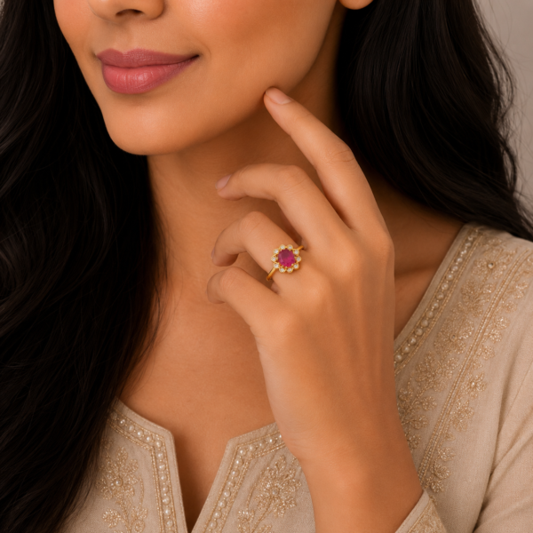Elegant Floral Halo Stone Gold Ring with Designer Finish