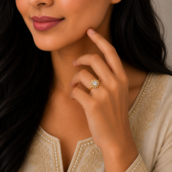 Elegant Floral Halo Stone Gold Ring with Luxurious Designer Finish