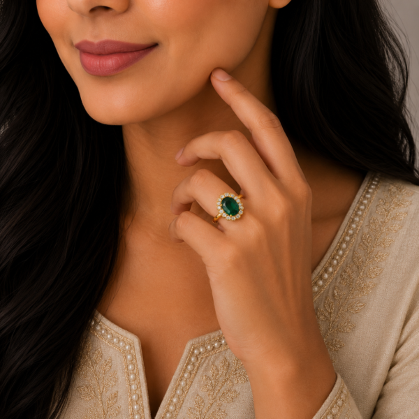 Elegant Emerald Halo Stone Gold Ring with Royal Designer Finish
