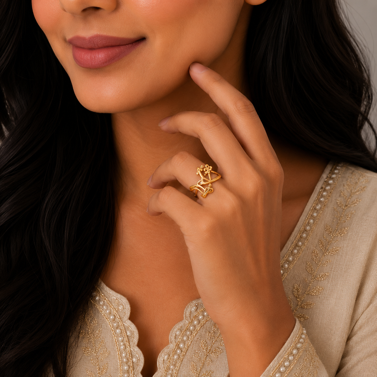 Elegant Floral Vine Gold Ring with Artistic Designer Finish