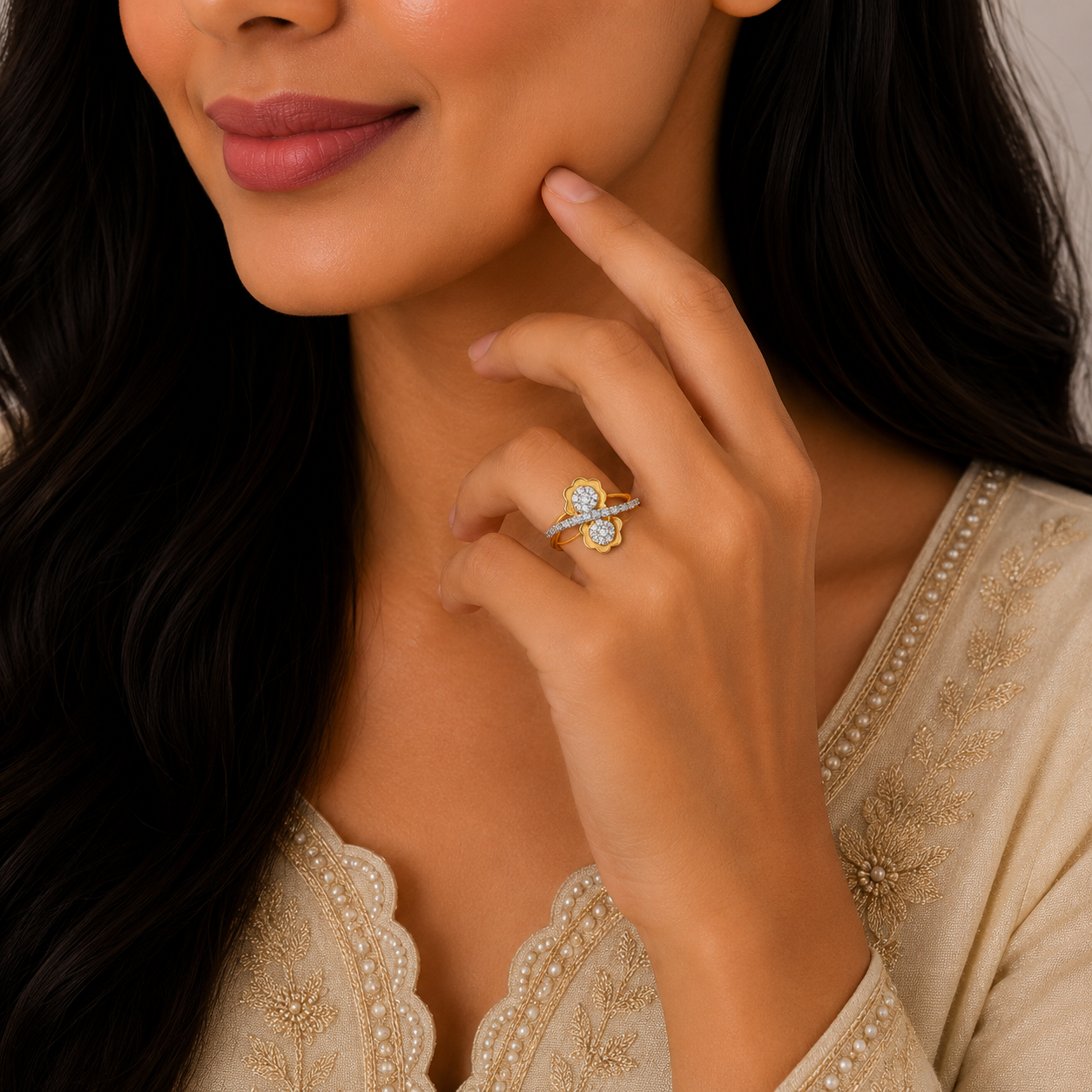 Elegant Floral Sparkle Gold Ring with Designer Stone Detailing