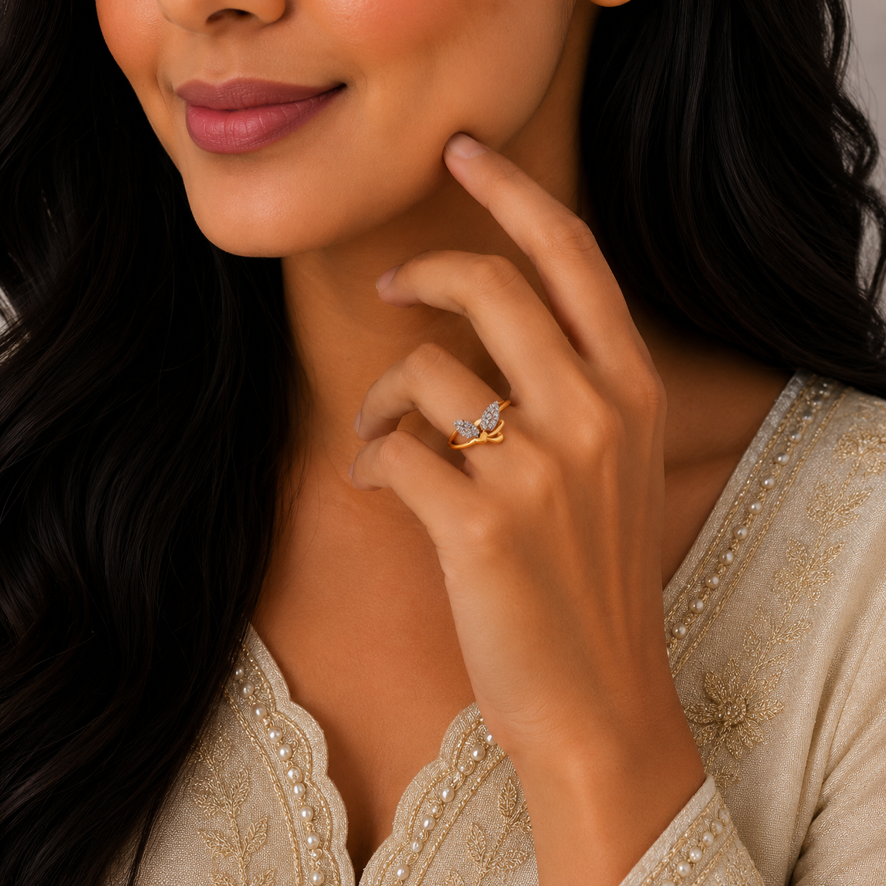 Elegant Leaf Sparkle Gold Ring with Nature Inspired Designer Finish