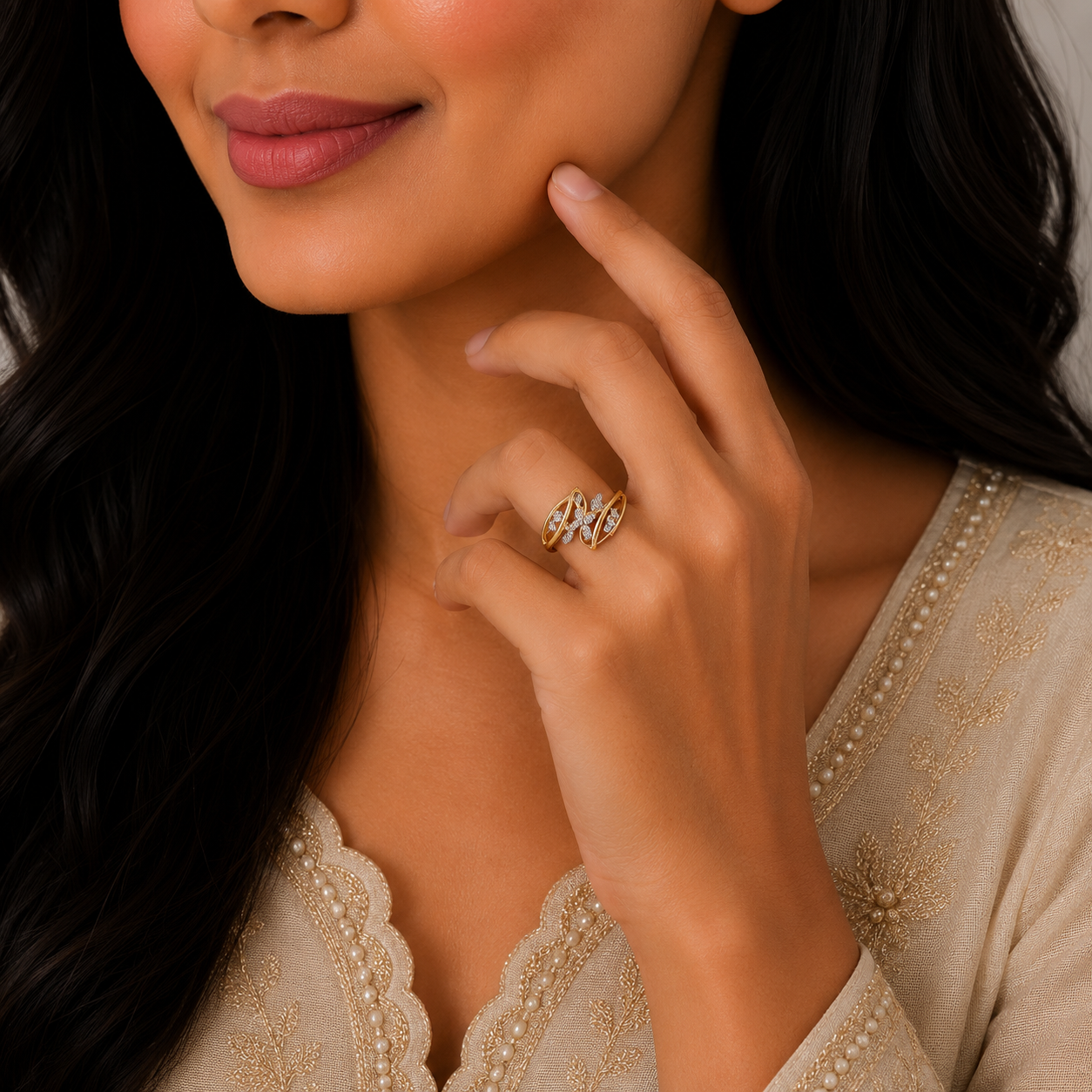 Elegant Twin Leaf Sparkle Gold Ring with Contemporary Designer Finish