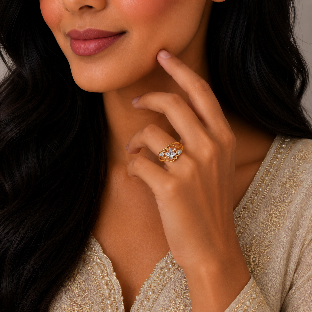 Elegant Butterfly Bloom Stone Gold Ring with Designer Finish