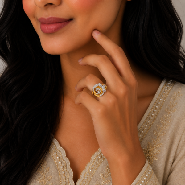 Elegant Swirl Halo Stone Gold Ring with Artistic Designer Finish