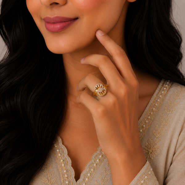 Elegant Sunburst Halo Stone Gold Ring with Premium Designer Finish
