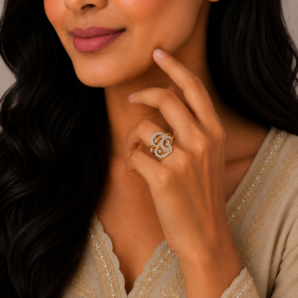 Elegant Crescent Swirl Stone Gold Ring with Artistic Designer Finish