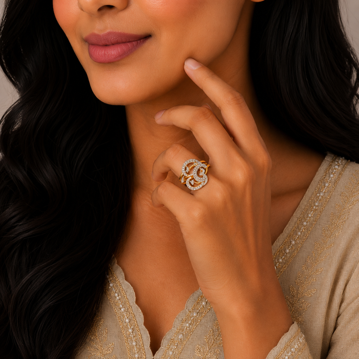 Elegant Crescent Swirl Stone Gold Ring with Artistic Designer Finish