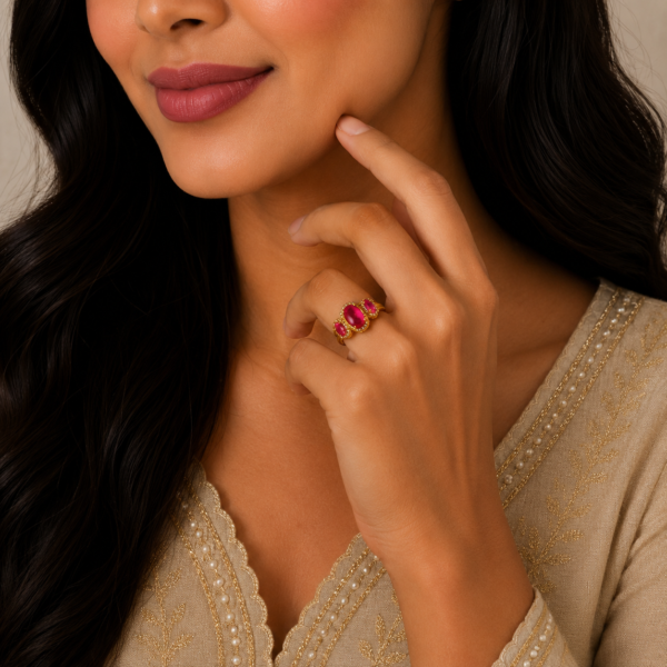 Royal Triple Ruby Style Stone Gold Ring with Elegant Designer Finish