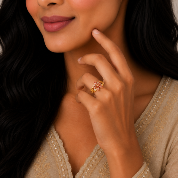 Elegant Blossom Petal Stone Gold Ring with Floral Designer Finish