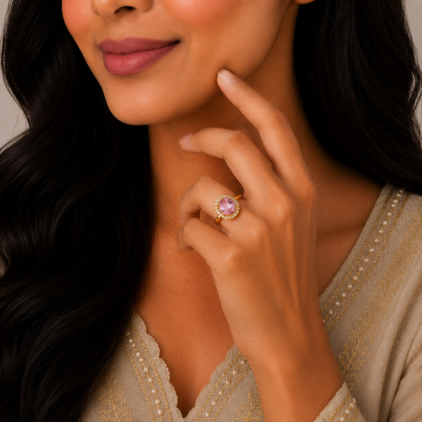 Elegant Pink Halo Blossom Stone Gold Ring with Royal Designer Finish