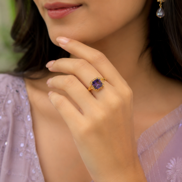 Royal Violet Stone Designer Ring for Women – Elegant Gold Tone Statement Jewelry