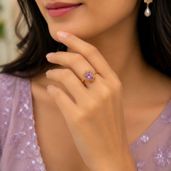 Blossom Pink Stone Floral Ring for Women – Elegant Gold Tone Fashion Jewelry