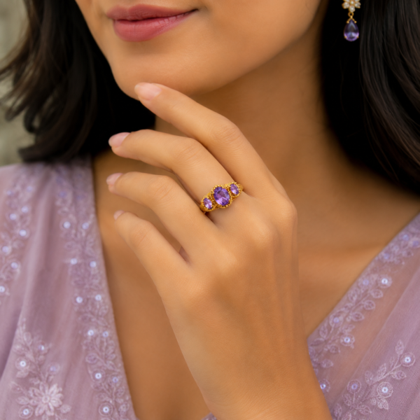 Royal Purple Stone Trio Designer Ring for Women – Elegant Gold Tone Fashion Jewelry
