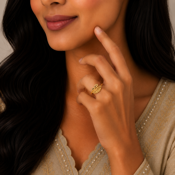 Elegant Feather Leaf Gold Ring with Artistic Designer Finish