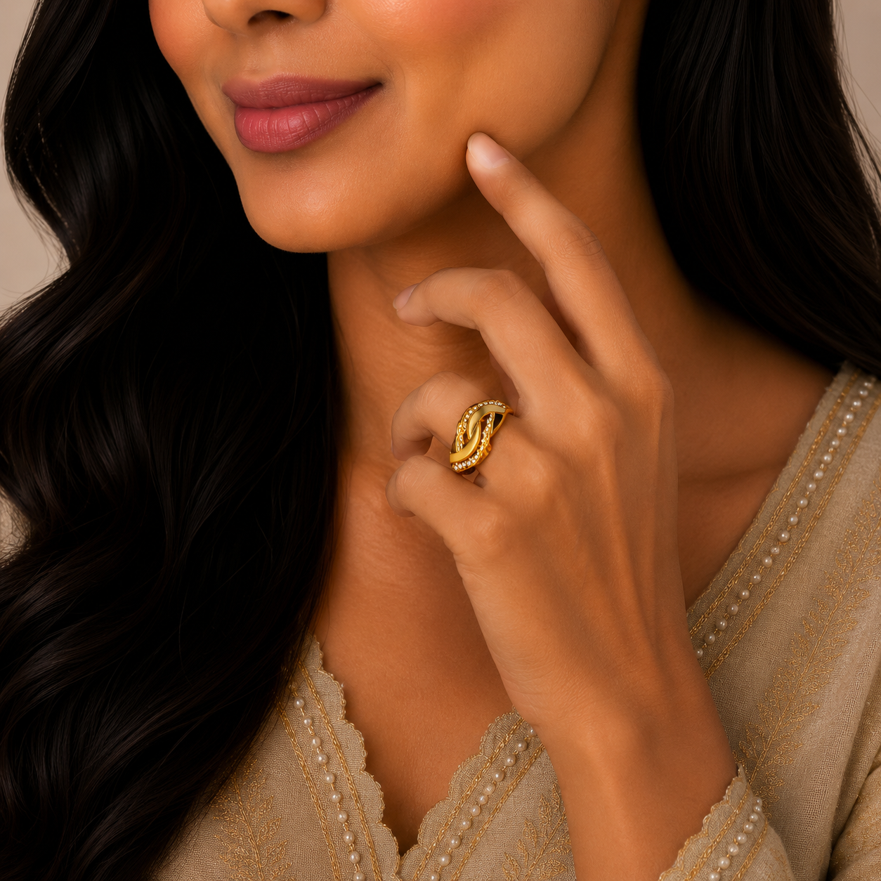 Elegant Infinity Wave Stone Gold Ring with Artistic Designer Finish