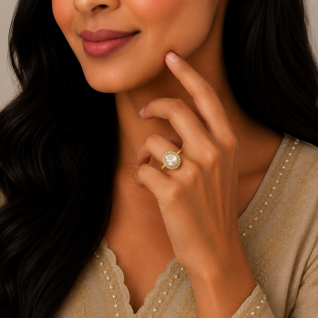 Elegant Crystal Halo Gold Ring with Royal Designer Finish