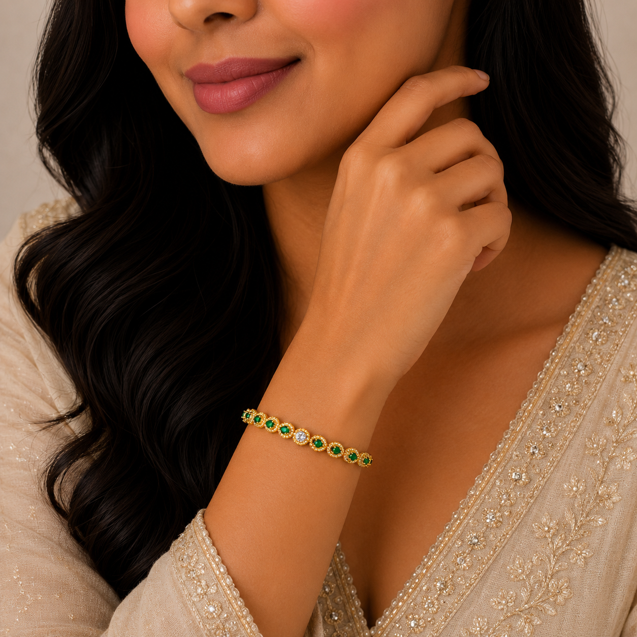 Elegant Emerald Halo Gold Kada with Royal Designer Finish