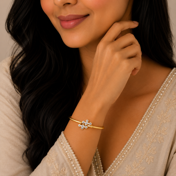 Elegant Floral Sparkle Flexi Gold Kada with Luxury Designer Finish